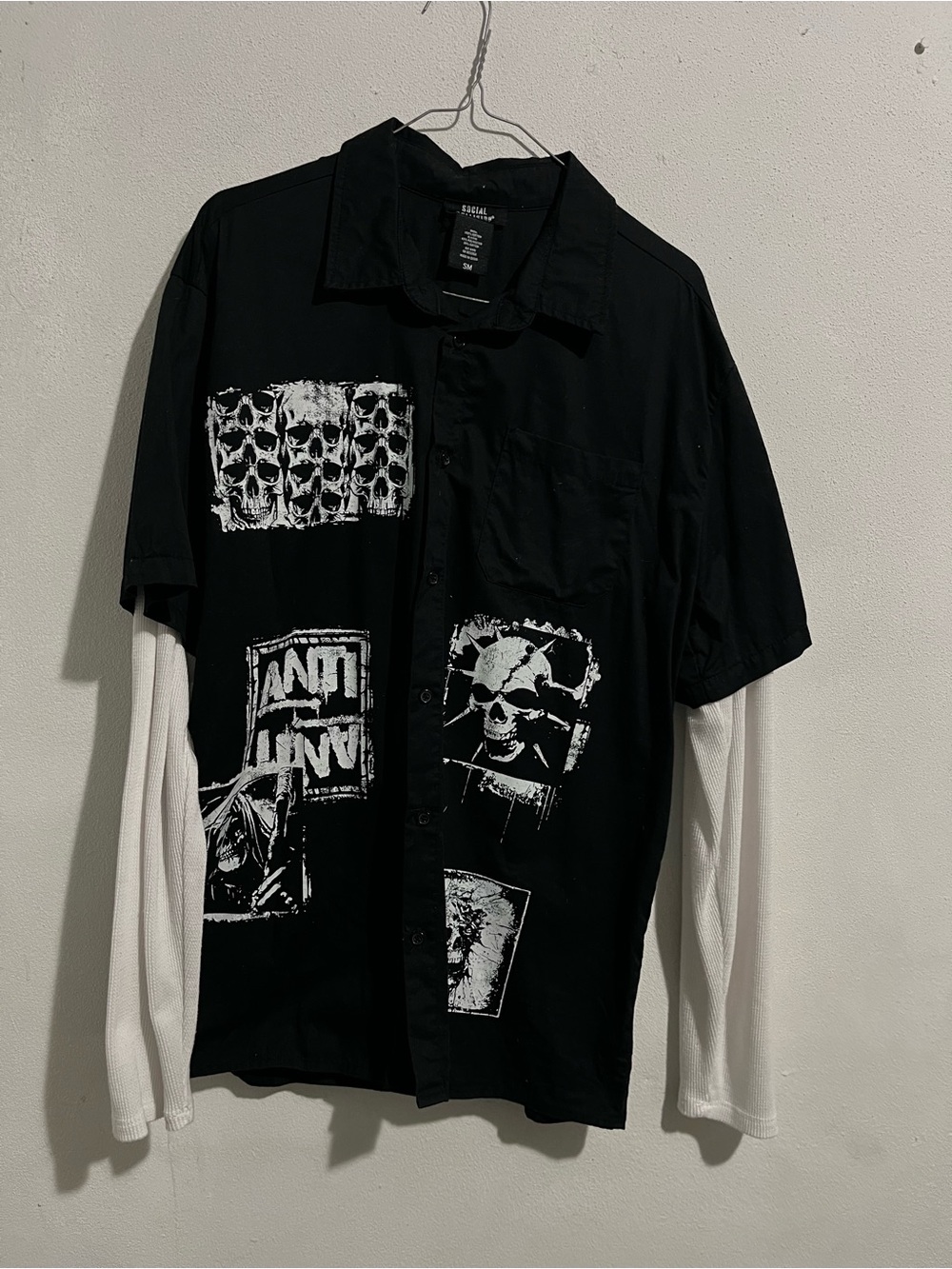 Social Collision Man Black Long Sleeve Double Layer Button Up Shirt - Size S